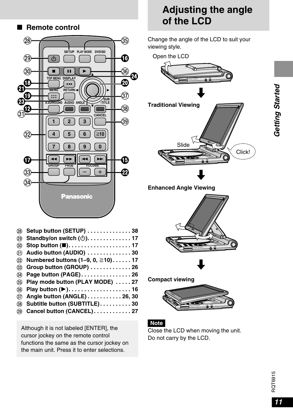 Adjusting the angle of the lcd, Getting started ∫ remote control, Rqt6915 | Audio/video | Panasonic DVD-LX9 User Manual | Page 11 / 48