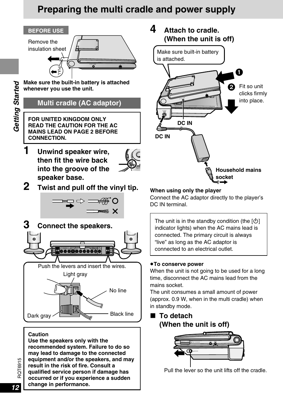 Preparing the multi cradle and power supply, Getting started, Attach to cradle. (when the unit is off) | Multi cradle (ac adaptor), Twist and pull off the vinyl tip, Connect the speakers, Dc in, Make sure built-in battery is attached, Pull the lever so the unit lifts off the cradle | Panasonic DVD-LX9 User Manual | Page 12 / 48