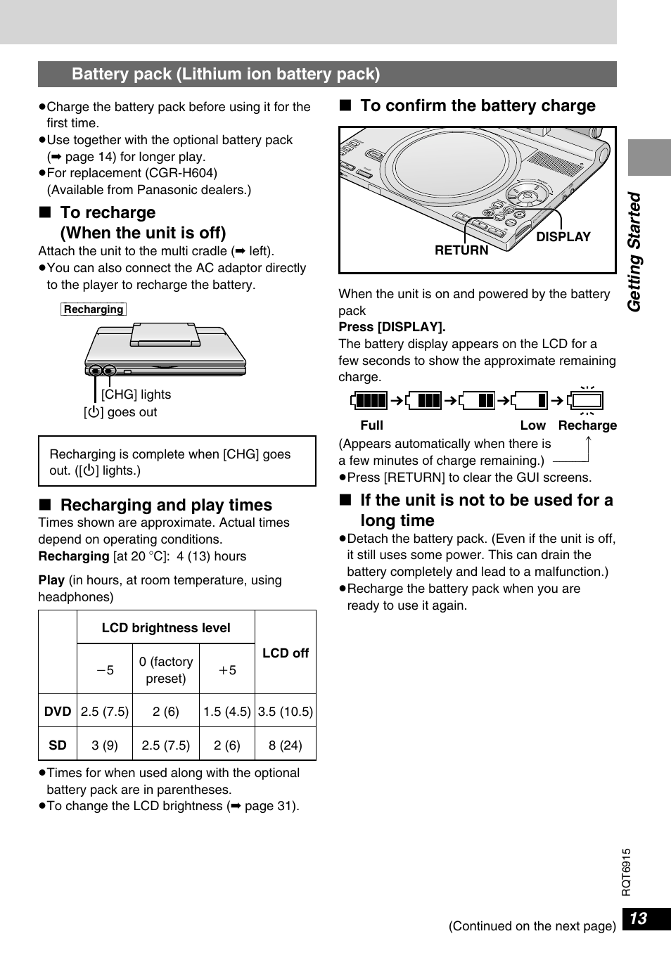 If the unit is not to be used for a long time, Getting started ∫ to confirm the battery charge, Full low recharge | Panasonic DVD-LX9 User Manual | Page 13 / 48