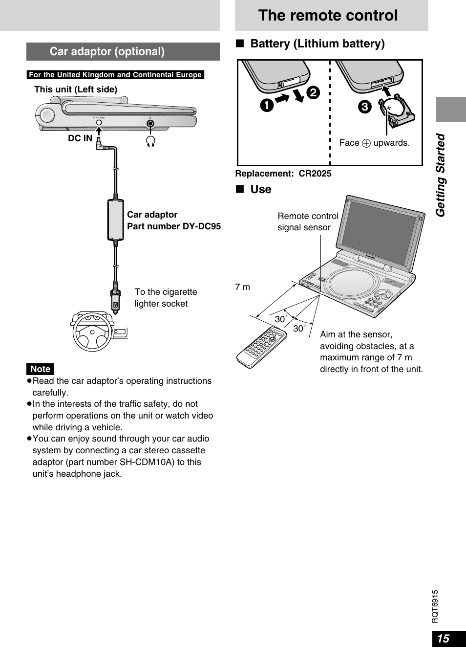 The remote control, Getting started car adaptor (optional), Battery (lithium battery) | Panasonic DVD-LX9 User Manual | Page 15 / 48