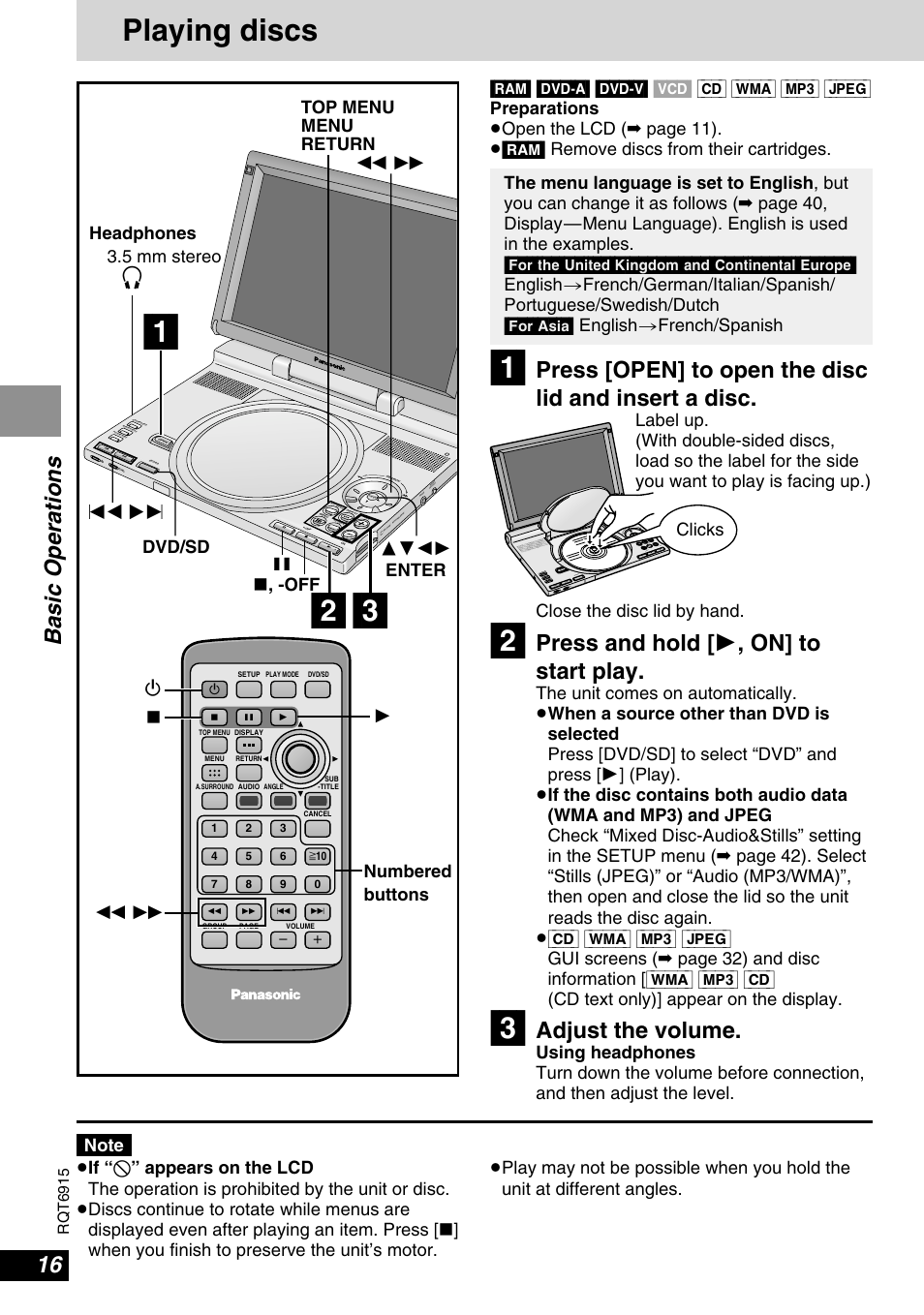Playing discs, Basic operations, Press and hold [ 1 , on] to start play | Adjust the volume, Close the disc lid by hand, Í∫ 1 6 5 | Panasonic DVD-LX9 User Manual | Page 16 / 48