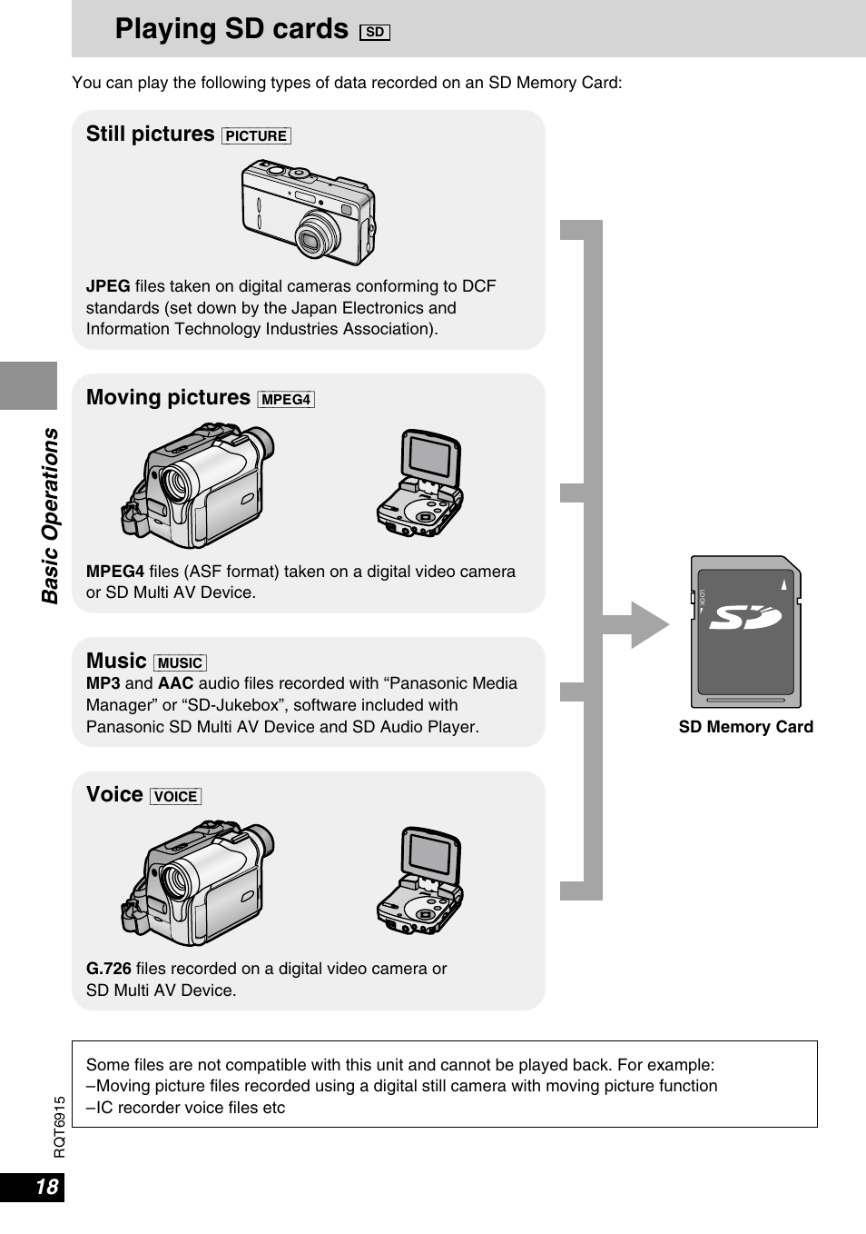 Playing sd cards, Basic operations, Still pictures | Moving pictures, Music, Voice | Panasonic DVD-LX9 User Manual | Page 18 / 48