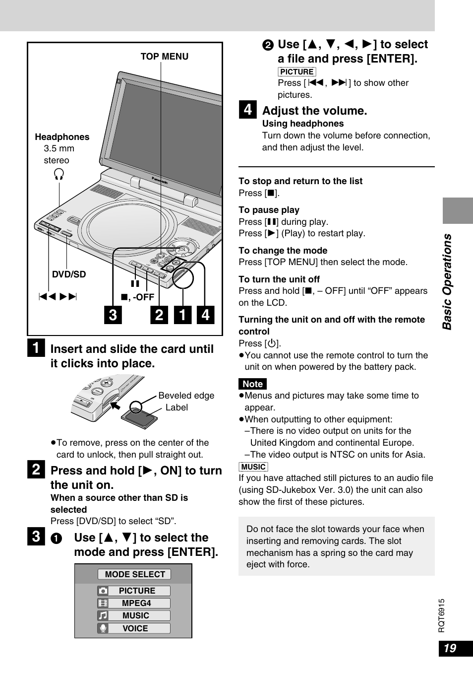 Basic operations, Press and hold [ 1 , on] to turn the unit on, Adjust the volume | Off top menu, Dvd/sd, Picture] press [:, 9] to show other pictures, Picture mpeg4 music voice mode select, Rqt6915 | Panasonic DVD-LX9 User Manual | Page 19 / 48