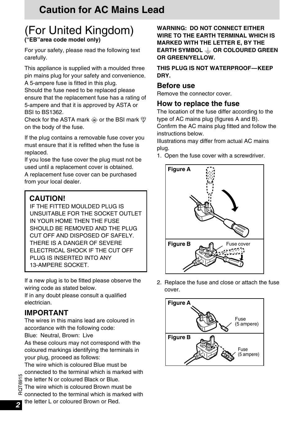 For united kingdom), Caution for ac mains lead | Panasonic DVD-LX9 User Manual | Page 2 / 48