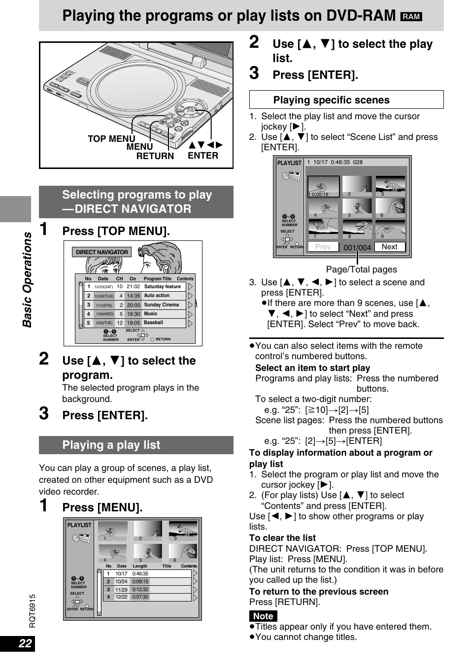 Playing the programs or play lists on dvd-ram, Basic operations, Use [ 3 , 4 ] to select the play list | Press [enter, Use [ 3 , 4 ] to select the program, Press [enter]. playing a play list, Press [menu, Playing specific scenes, 3421 enter return menu top menu, The selected program plays in the background | Panasonic DVD-LX9 User Manual | Page 22 / 48