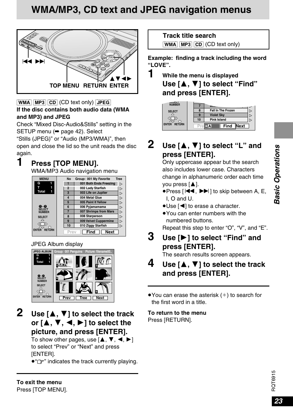 Wma/mp3, cd text and jpeg navigation menus, Basic operations, Press [top menu | Use [ 3 , 4 ] to select “find” and press [enter, Use [ 3 , 4 ] to select “l” and press [enter, Use [ 1 ] to select “find” and press [enter, Use [ 3 , 4 ] to select the track and press [enter, Track title search, Wma/mp3 audio navigation menu jpeg album display, While the menu is displayed | Panasonic DVD-LX9 User Manual | Page 23 / 48