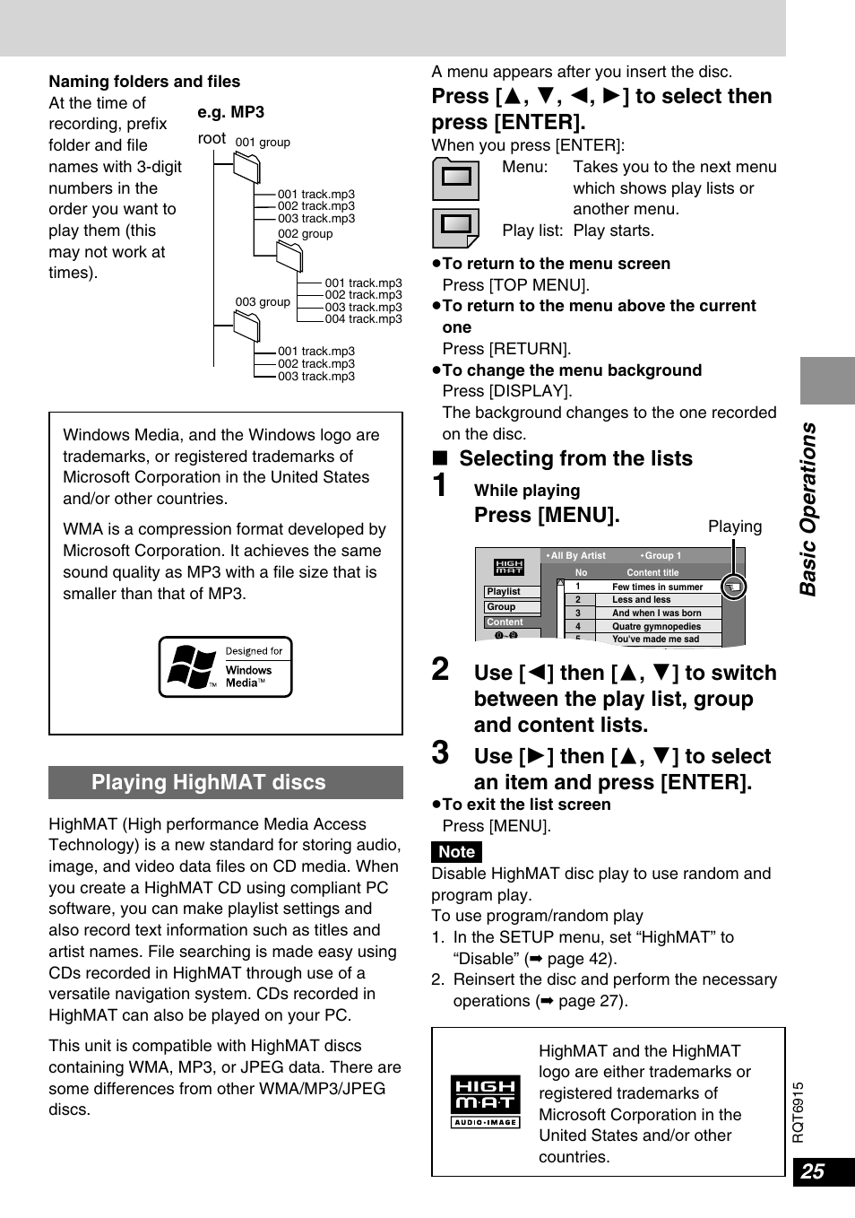 Basic operations, Selecting from the lists, Press [menu | Playing highmat discs | Panasonic DVD-LX9 User Manual | Page 25 / 48