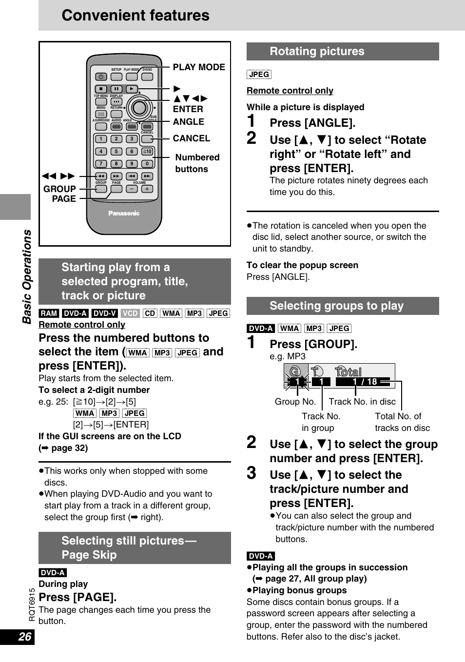 Convenient features, Basic operations, Press the numbered buttons to select the item | And press [enter]), Selecting still pictures— page skip, Press [page, Rotating pictures, Press [angle, Selecting groups to play, Press [group | Panasonic DVD-LX9 User Manual | Page 26 / 48
