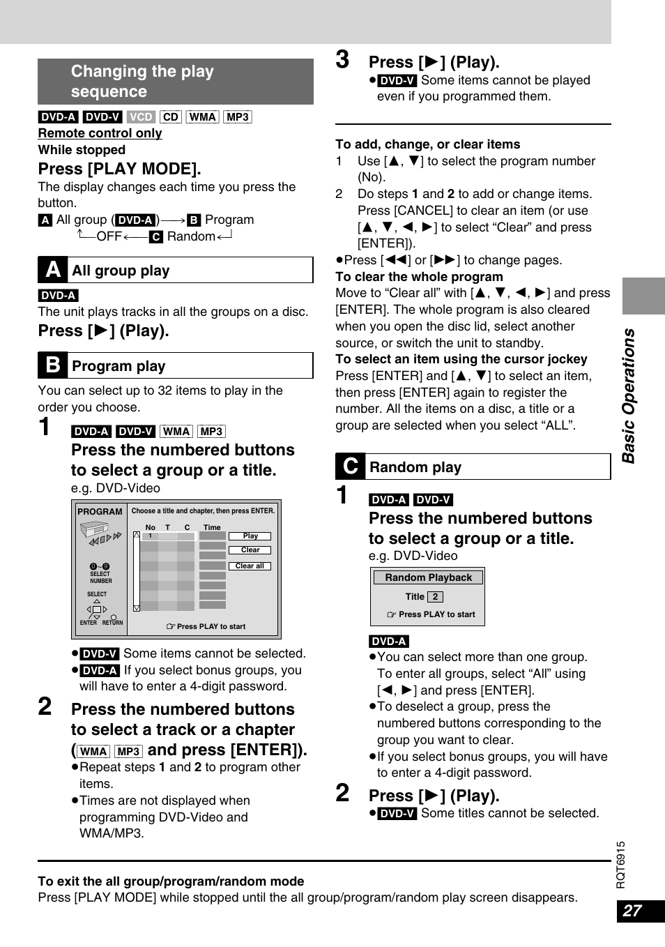 A] [b, Basic operations, And press [enter]) | Changing the play sequence, Press [play mode, Press [ 1 ] (play) | Panasonic DVD-LX9 User Manual | Page 27 / 48
