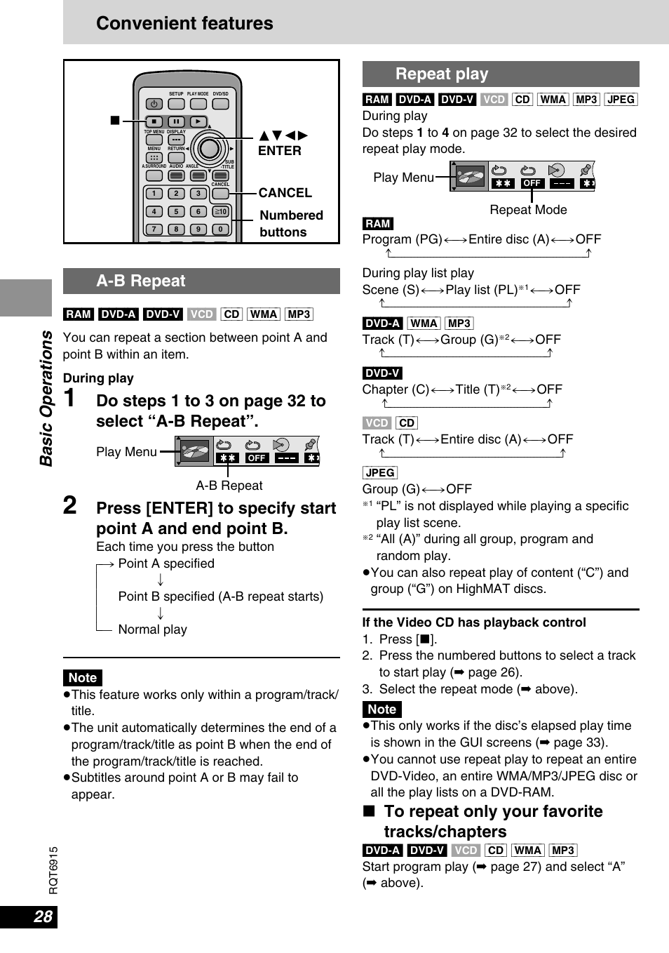 Convenient features, Basic operations repeat play, A-b repeat | Do steps 1 to 3 on page 32 to select “a-b repeat | Panasonic DVD-LX9 User Manual | Page 28 / 48