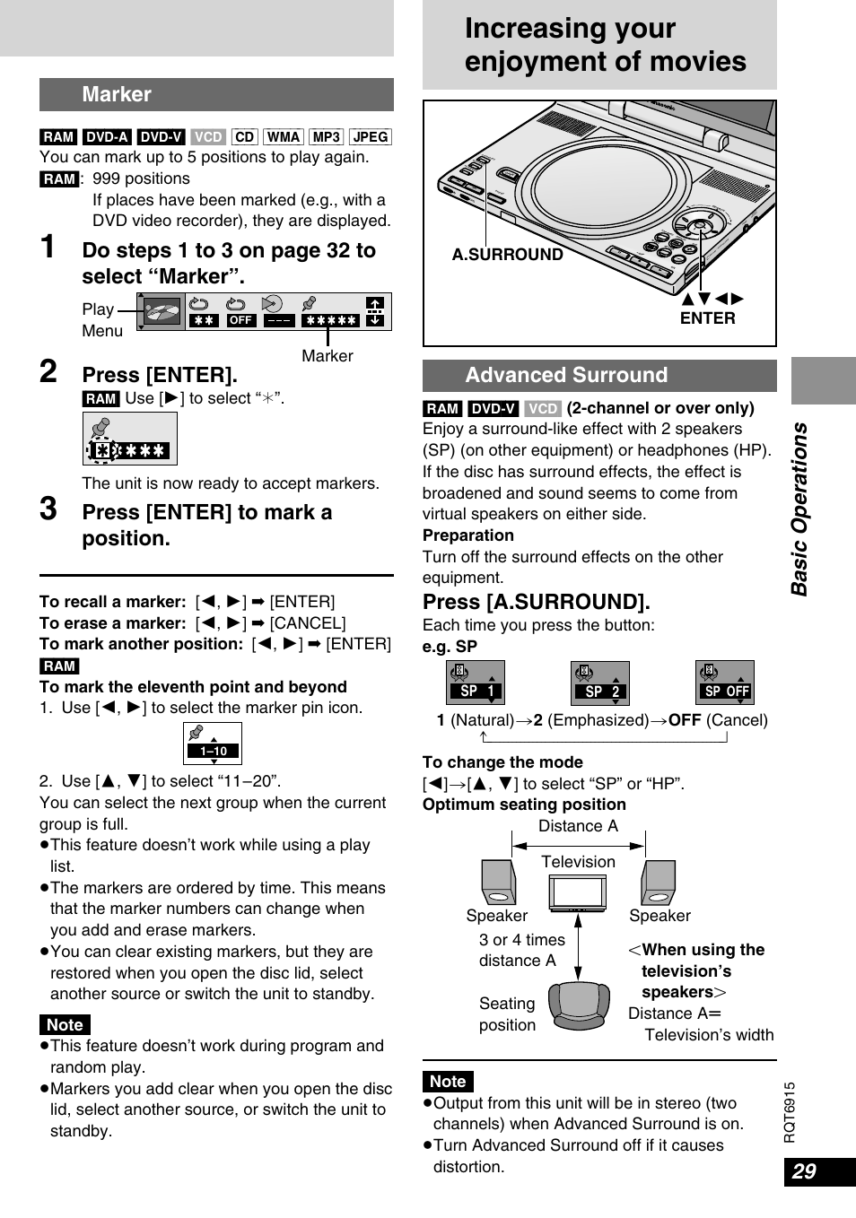 Increasing your enjoyment of movies, Basic operations, Marker | Do steps 1 to 3 on page 32 to select “marker, Press [enter, Press [enter] to mark a position, Advanced surround, Press [a.surround, 3421 enter a.surround play menu, Sp 1 sp 2 | Panasonic DVD-LX9 User Manual | Page 29 / 48