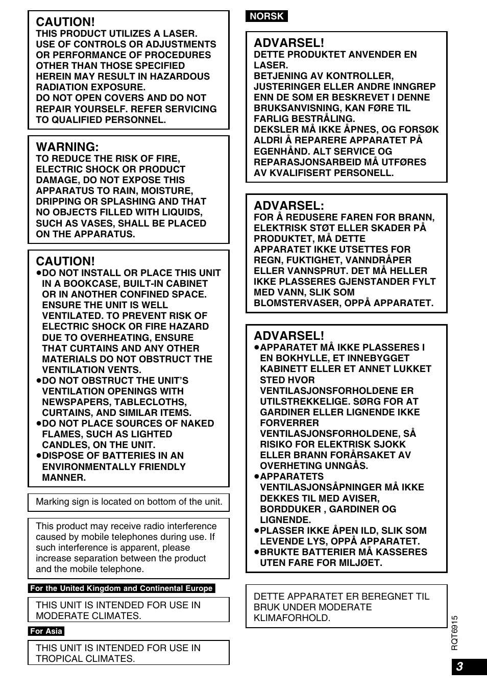 Caution, Warning, Advarsel | Panasonic DVD-LX9 User Manual | Page 3 / 48