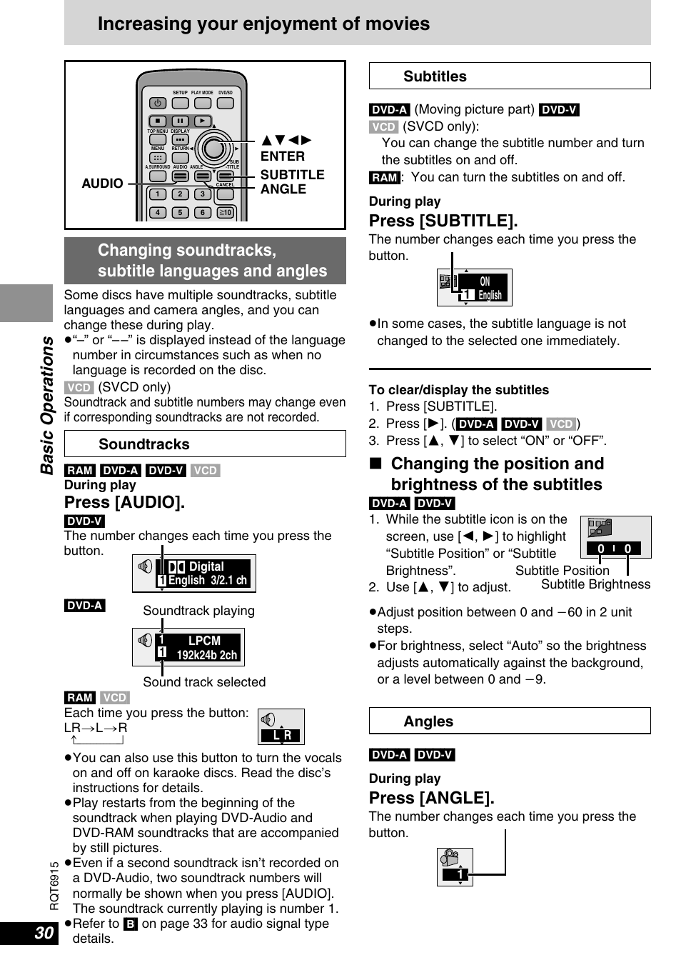 Increasing your enjoyment of movies, Press [audio, Press [subtitle | Press [angle, Soundtracks subtitles, Angles | Panasonic DVD-LX9 User Manual | Page 30 / 48
