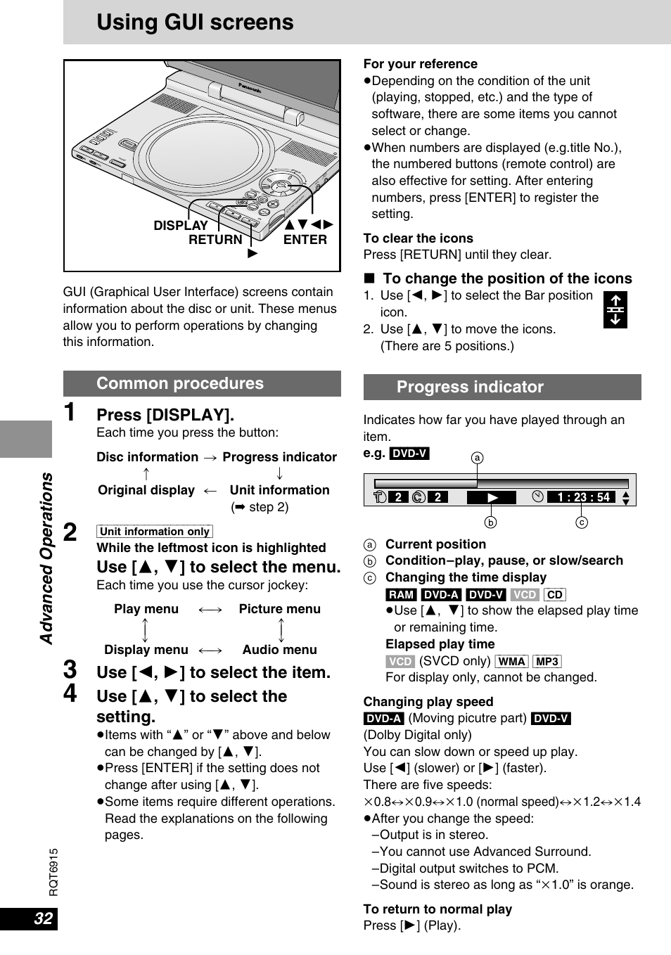 Using gui screens, Advanced operations, Common procedures | Press [display, Use [ 3 , 4 ] to select the menu, Use [ 2 , 1 ] to select the item, Use [ 3 , 4 ] to select the setting, Progress indicator | Panasonic DVD-LX9 User Manual | Page 32 / 48