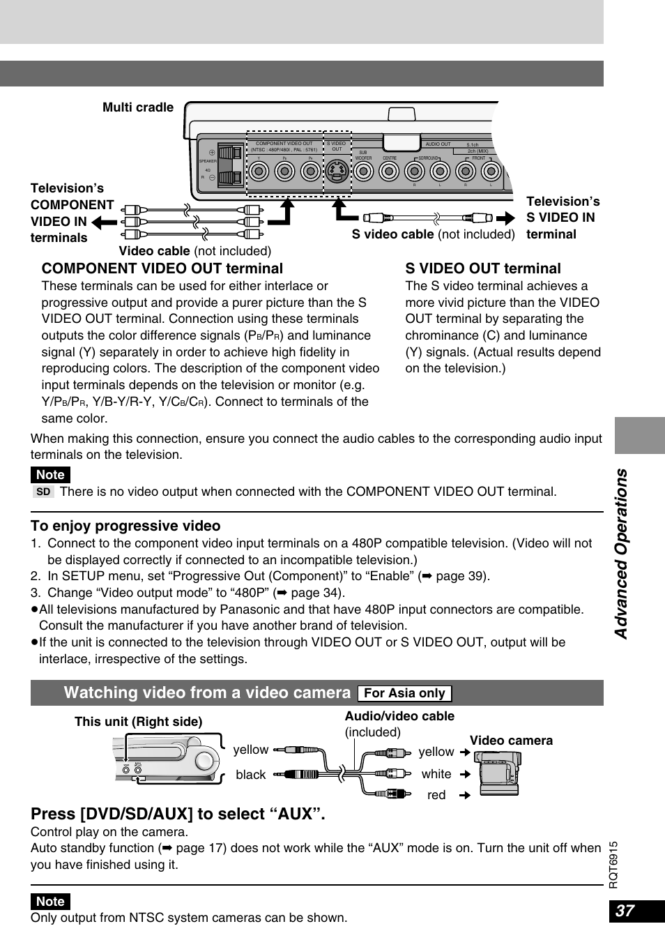 Watching video from a video camera, Component video out terminal, S video out terminal | Y/b-y/r-y, y/c, Connect to terminals of the same color, For asia only, Multi cradle | Panasonic DVD-LX9 User Manual | Page 37 / 48