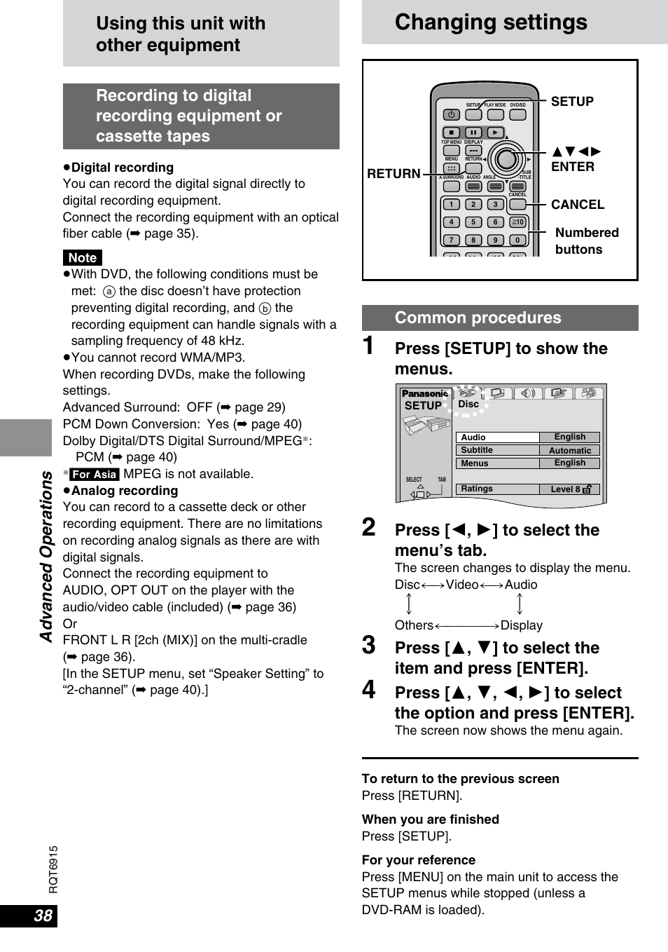 Changing settings, Using this unit with other equipment, Advanced operations | Common procedures, Press [setup] to show the menus, Press [ 2 , 1 ] to select the menu’s tab | Panasonic DVD-LX9 User Manual | Page 38 / 48