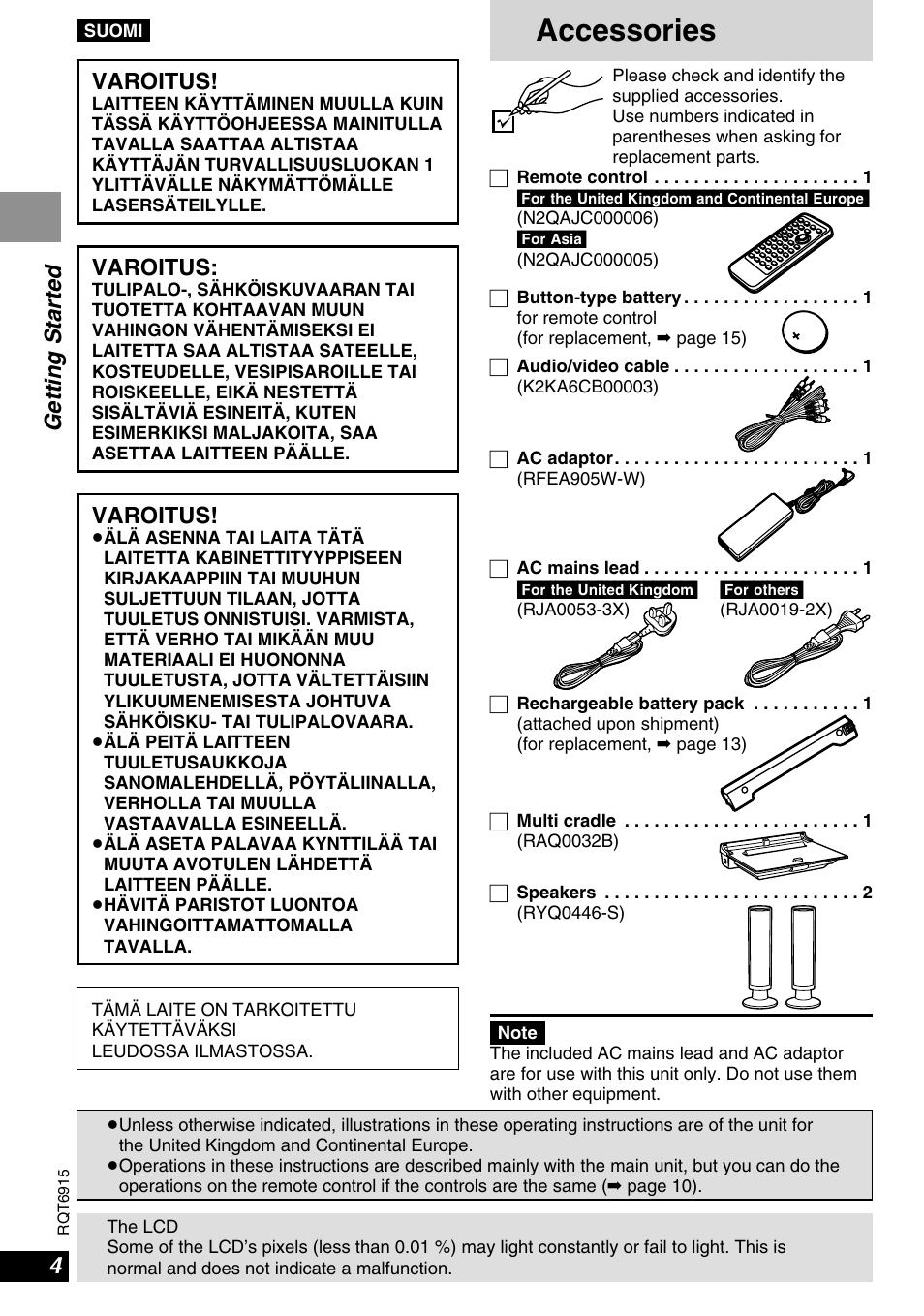 Accessories, Getting started, Varoitus | Panasonic DVD-LX9 User Manual | Page 4 / 48