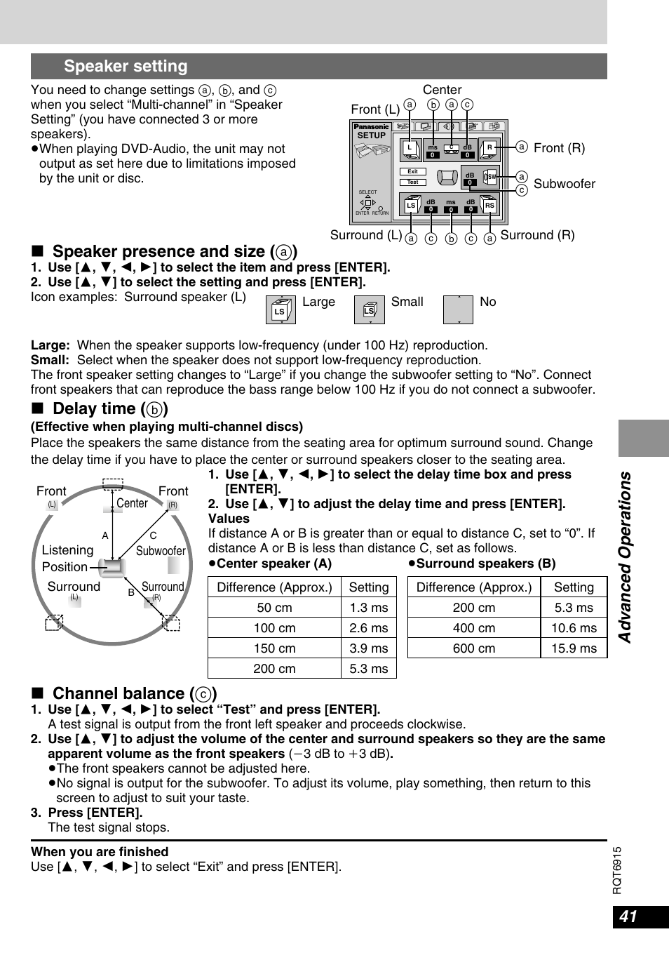 Advanced operations speaker setting, Speaker presence and size ( a ), Delay time ( b ) | Channel balance ( c ) | Panasonic DVD-LX9 User Manual | Page 41 / 48