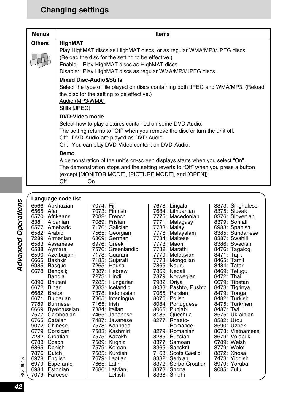 Changing settings, Advanced operations | Panasonic DVD-LX9 User Manual | Page 42 / 48