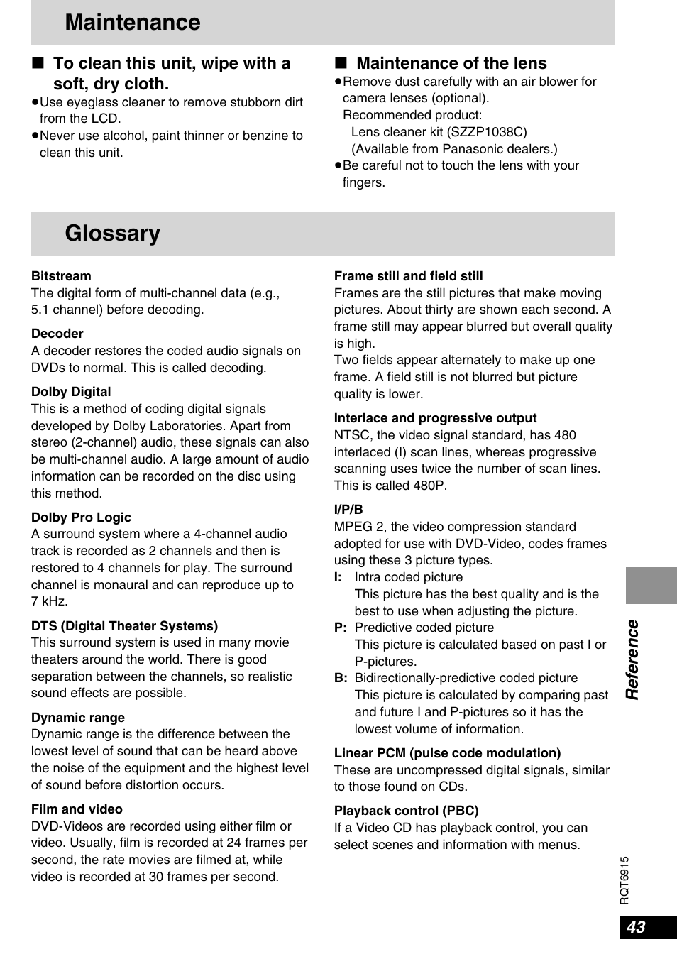 Glossary, Maintenance, Reference | Maintenance of the lens | Panasonic DVD-LX9 User Manual | Page 43 / 48