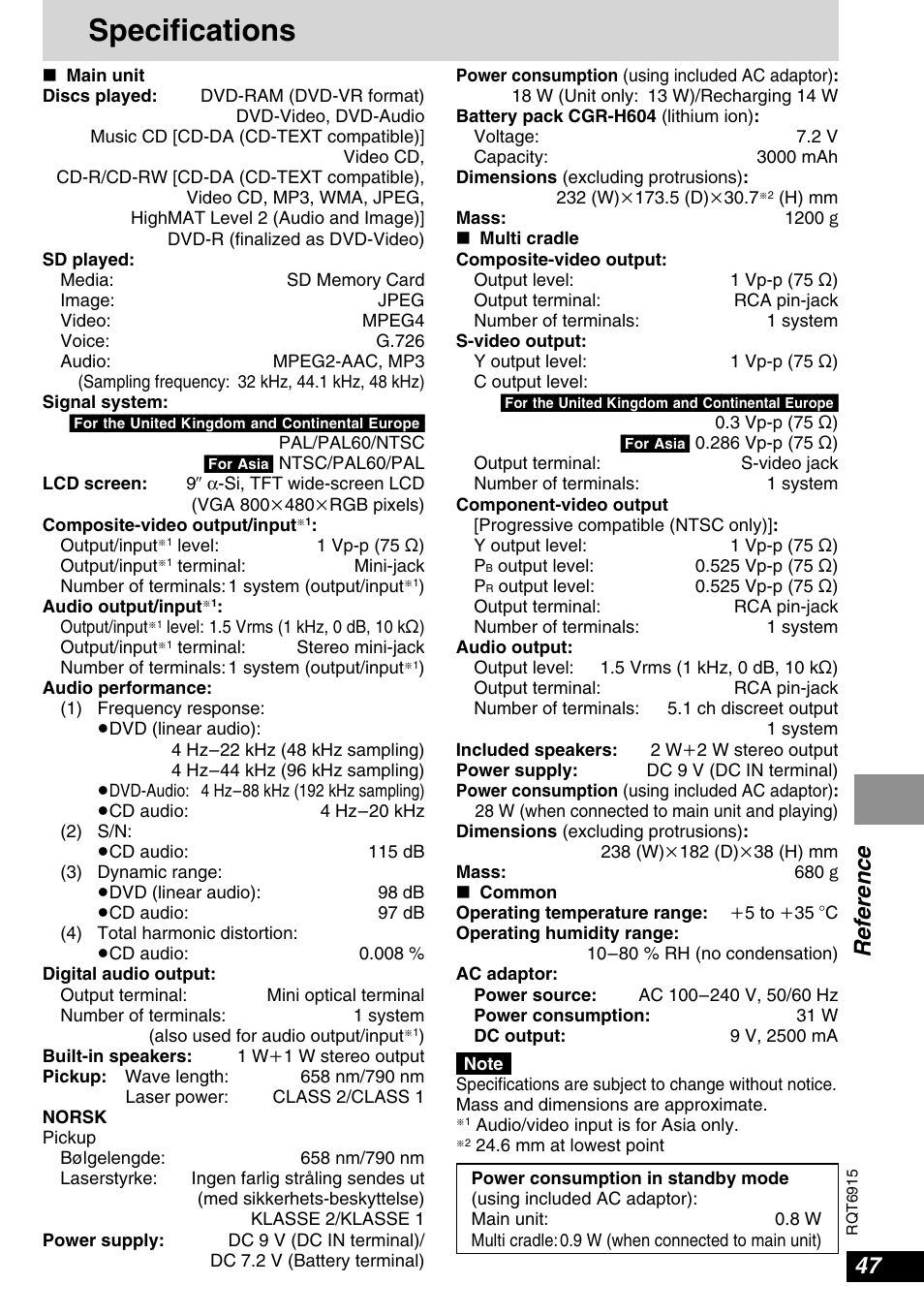 Specifications, Reference | Panasonic DVD-LX9 User Manual | Page 47 / 48