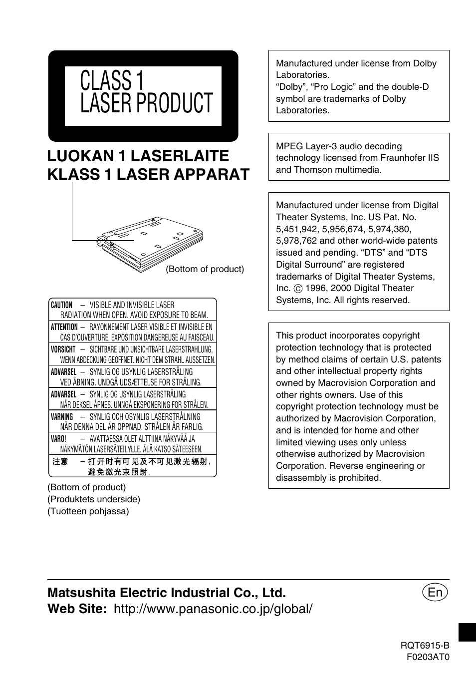 Class 1 laser product, Luokan 1 laserlaite klass 1 laser apparat, Matsushita electric industrial co., ltd | Panasonic DVD-LX9 User Manual | Page 48 / 48