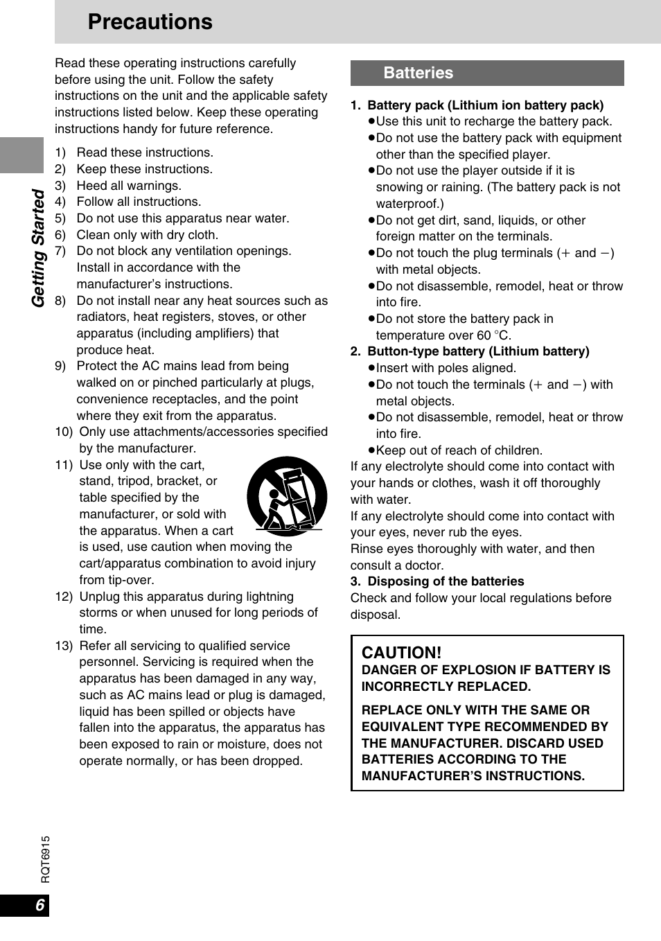 Precautions, Getting started, Batteries | Caution | Panasonic DVD-LX9 User Manual | Page 6 / 48
