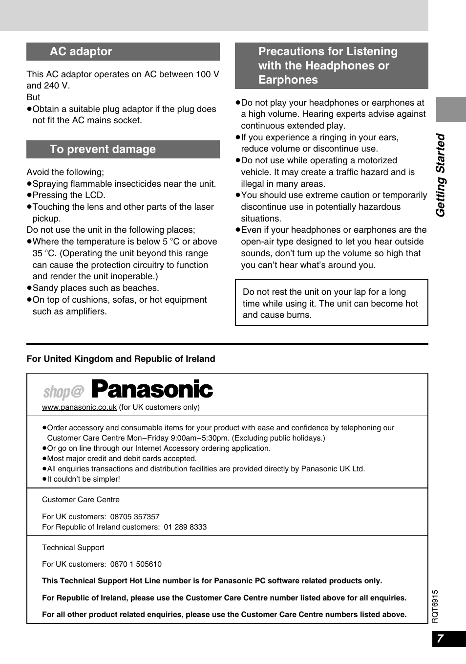 Getting started, Ac adaptor | Panasonic DVD-LX9 User Manual | Page 7 / 48