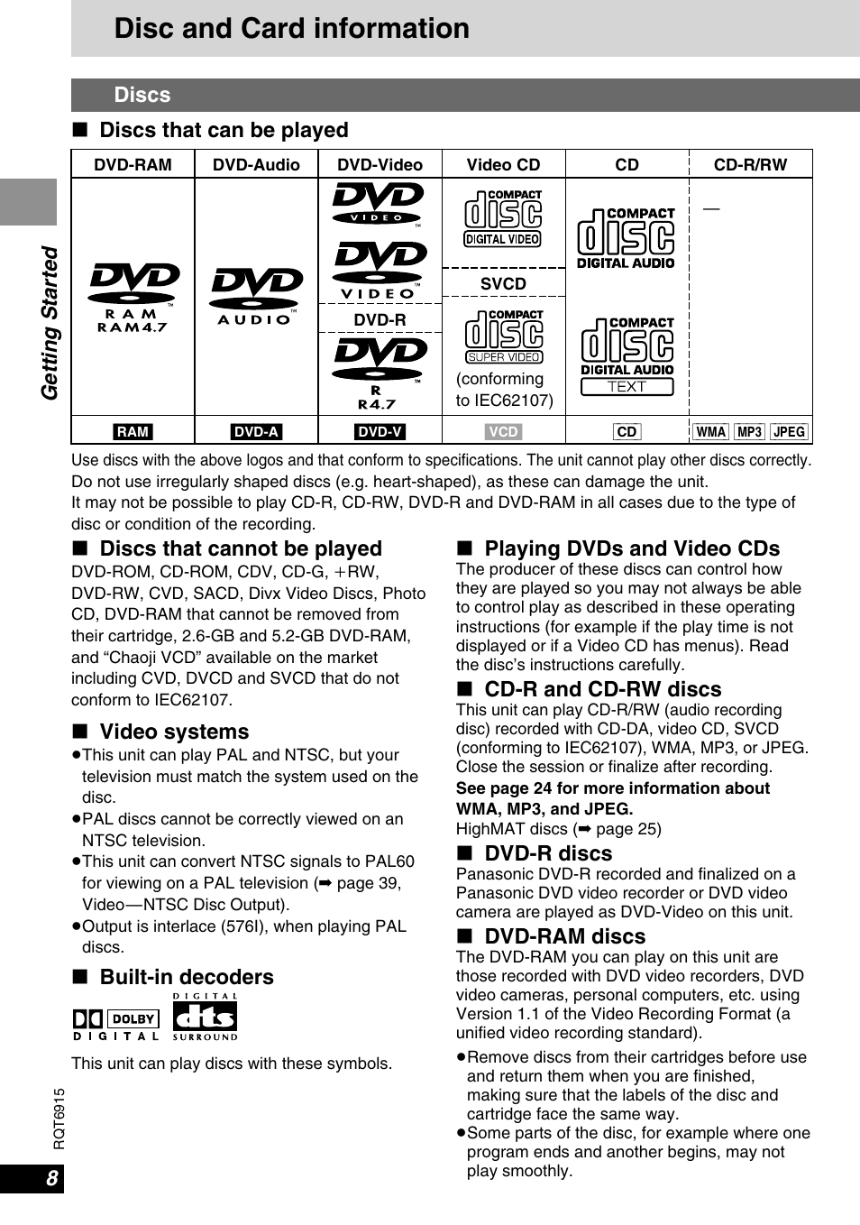 Disc and card information | Panasonic DVD-LX9 User Manual | Page 8 / 48