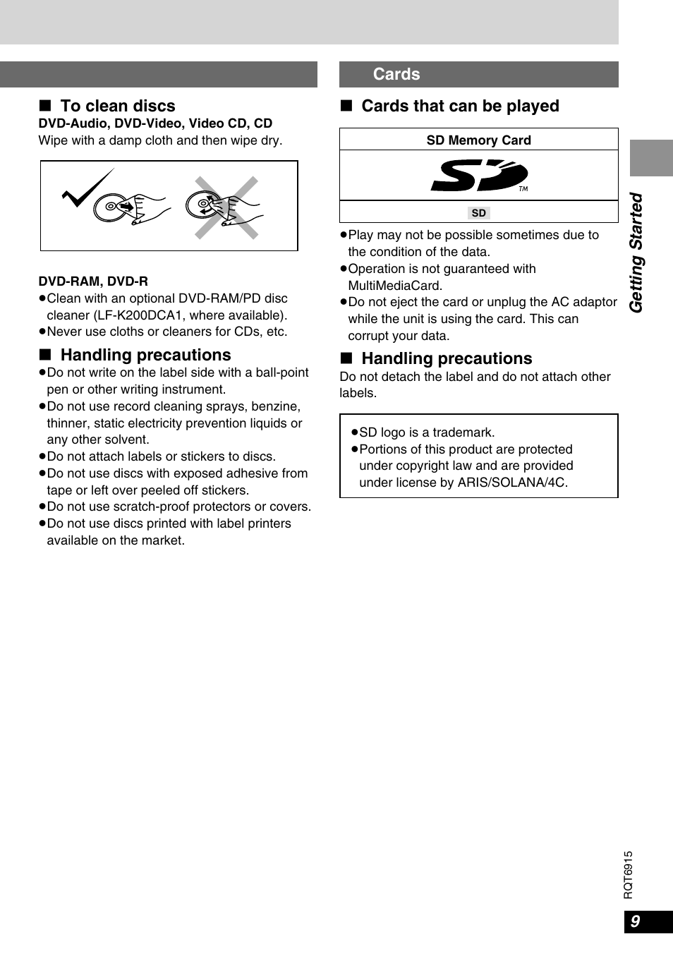 Getting started ∫ to clean discs, Handling precautions, Cards ∫ cards that can be played | Panasonic DVD-LX9 User Manual | Page 9 / 48