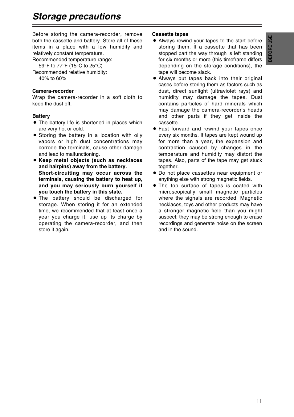 Stirage precautions, Storage precautions | Panasonic AG-DVC30P User Manual | Page 11 / 88
