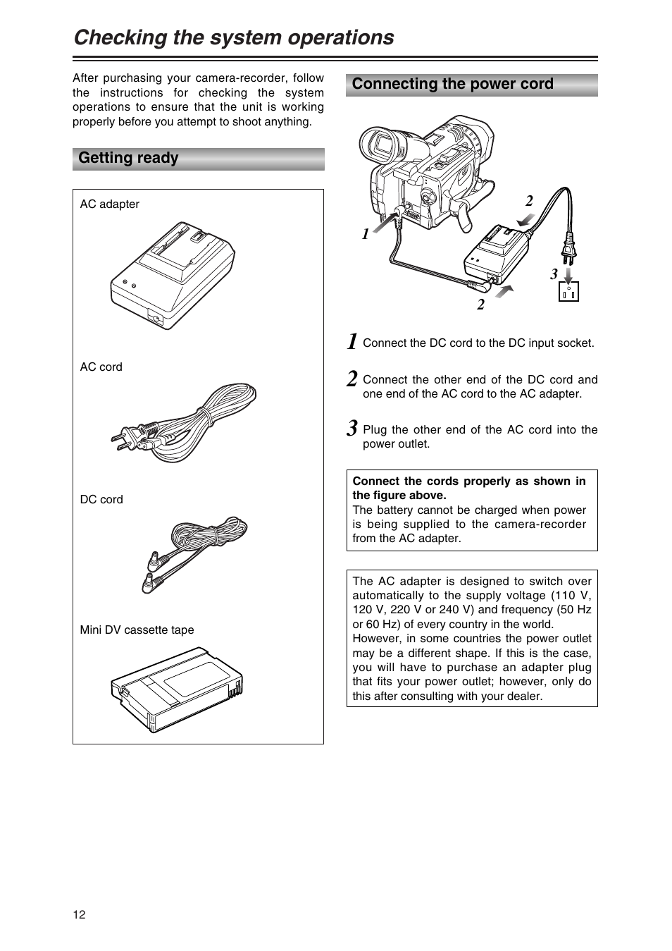 Checking the system operations, Getting ready, Connecting the power cord | Panasonic AG-DVC30P User Manual | Page 12 / 88