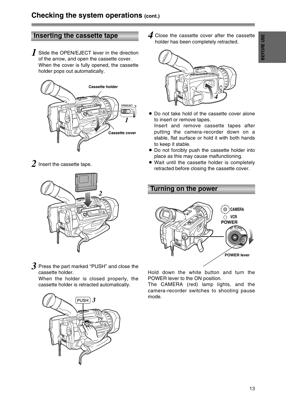 Inserting the cassette tape, Turning on the power, Checking the system operations | Panasonic AG-DVC30P User Manual | Page 13 / 88