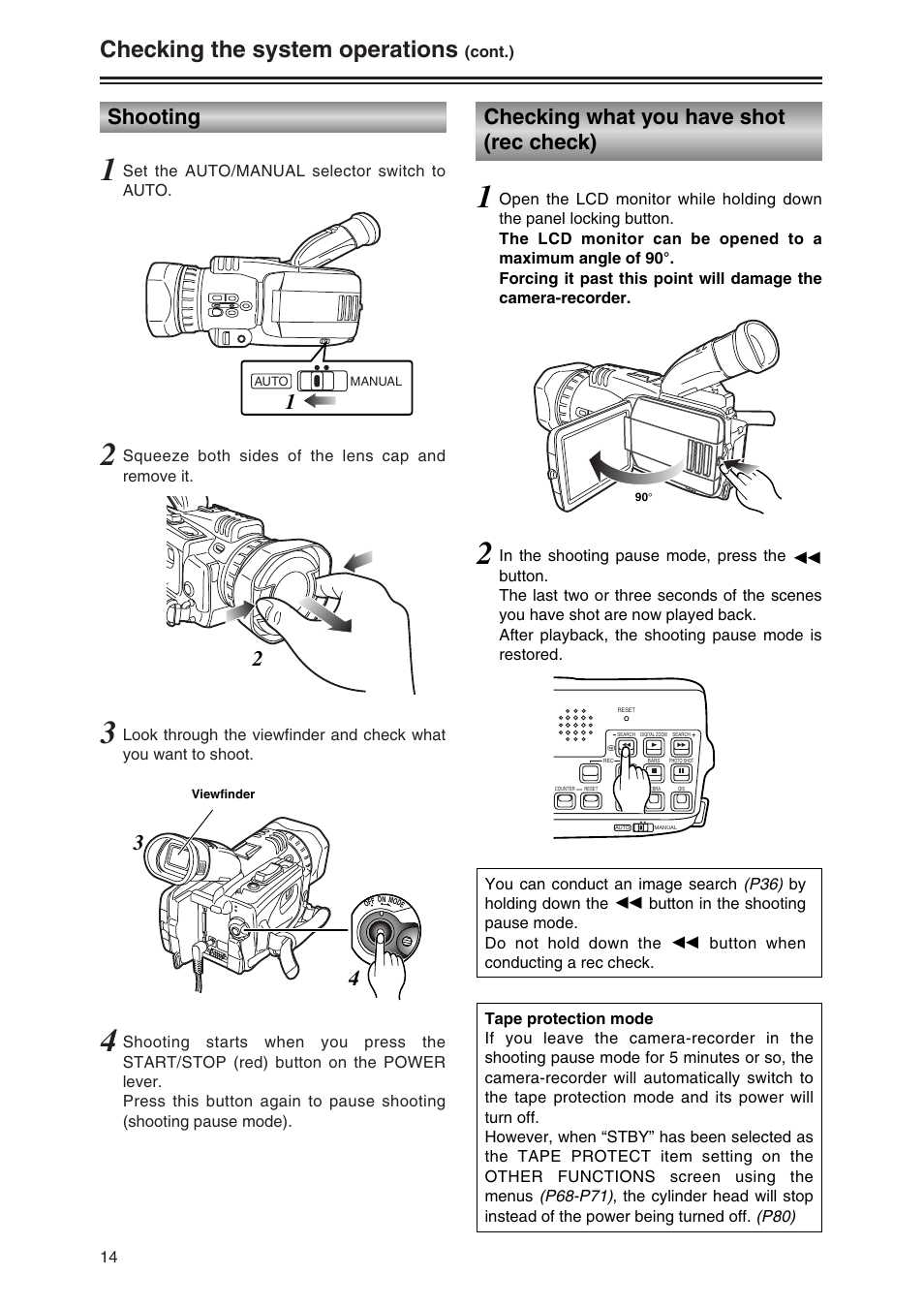 Shooting, Checking what you have shot (rec check), Checking the system operations | Panasonic AG-DVC30P User Manual | Page 14 / 88