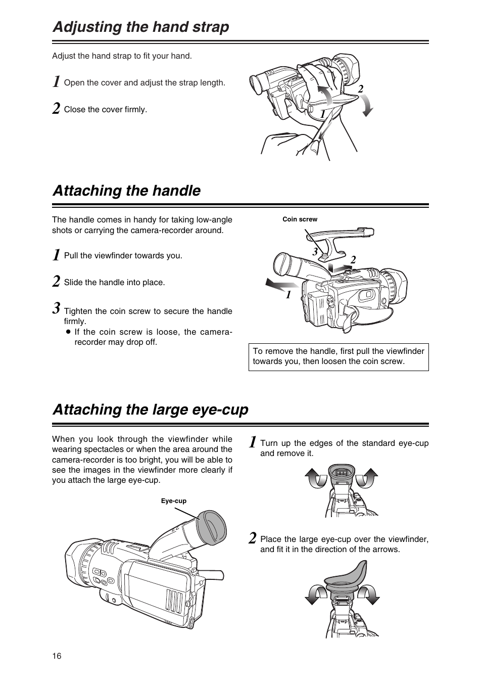 Adjusting the hand strap, Attaching the handle, Attaching the large eye-cup | Panasonic AG-DVC30P User Manual | Page 16 / 88