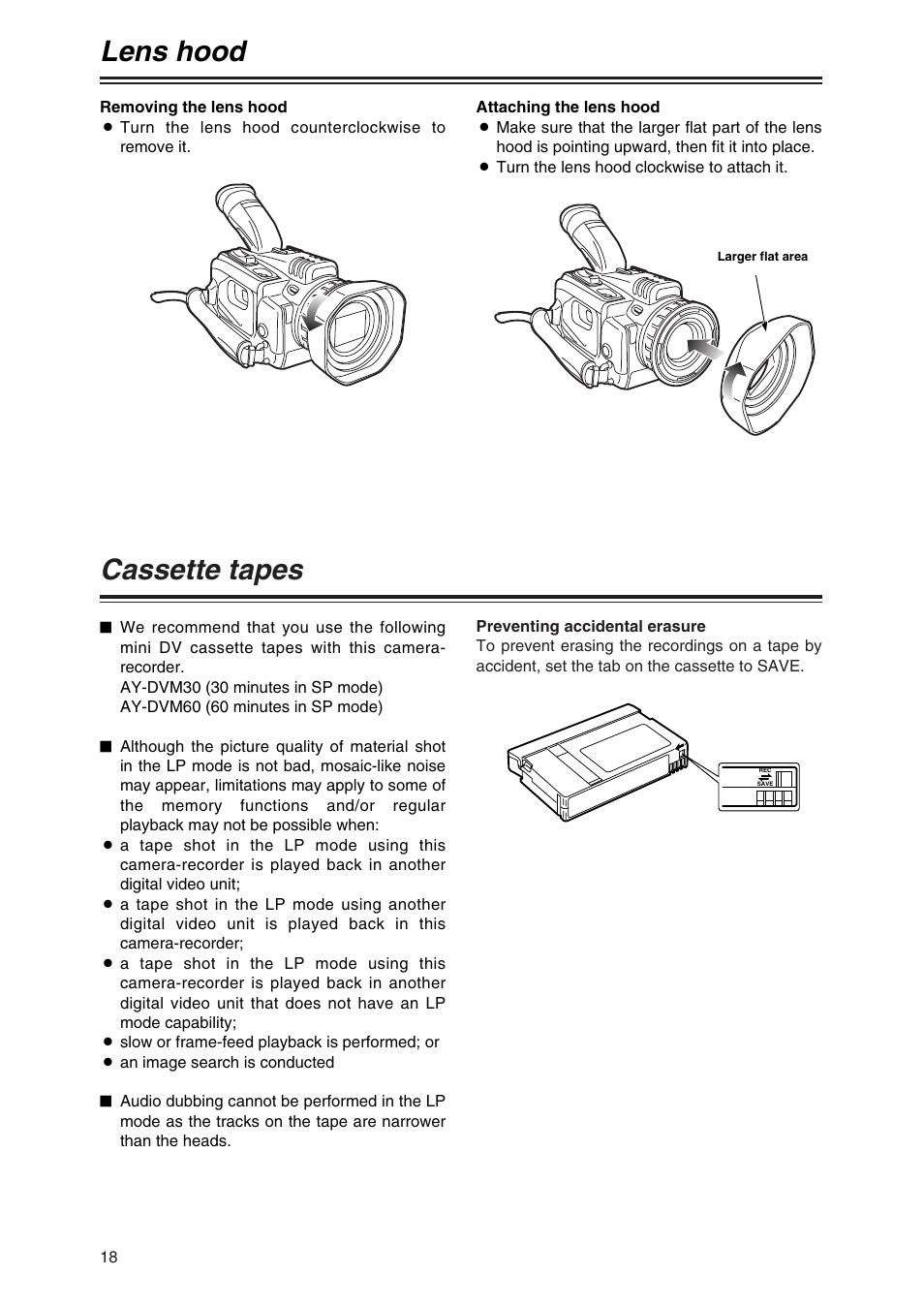 Lens hood, Cassette tapes | Panasonic AG-DVC30P User Manual | Page 18 / 88