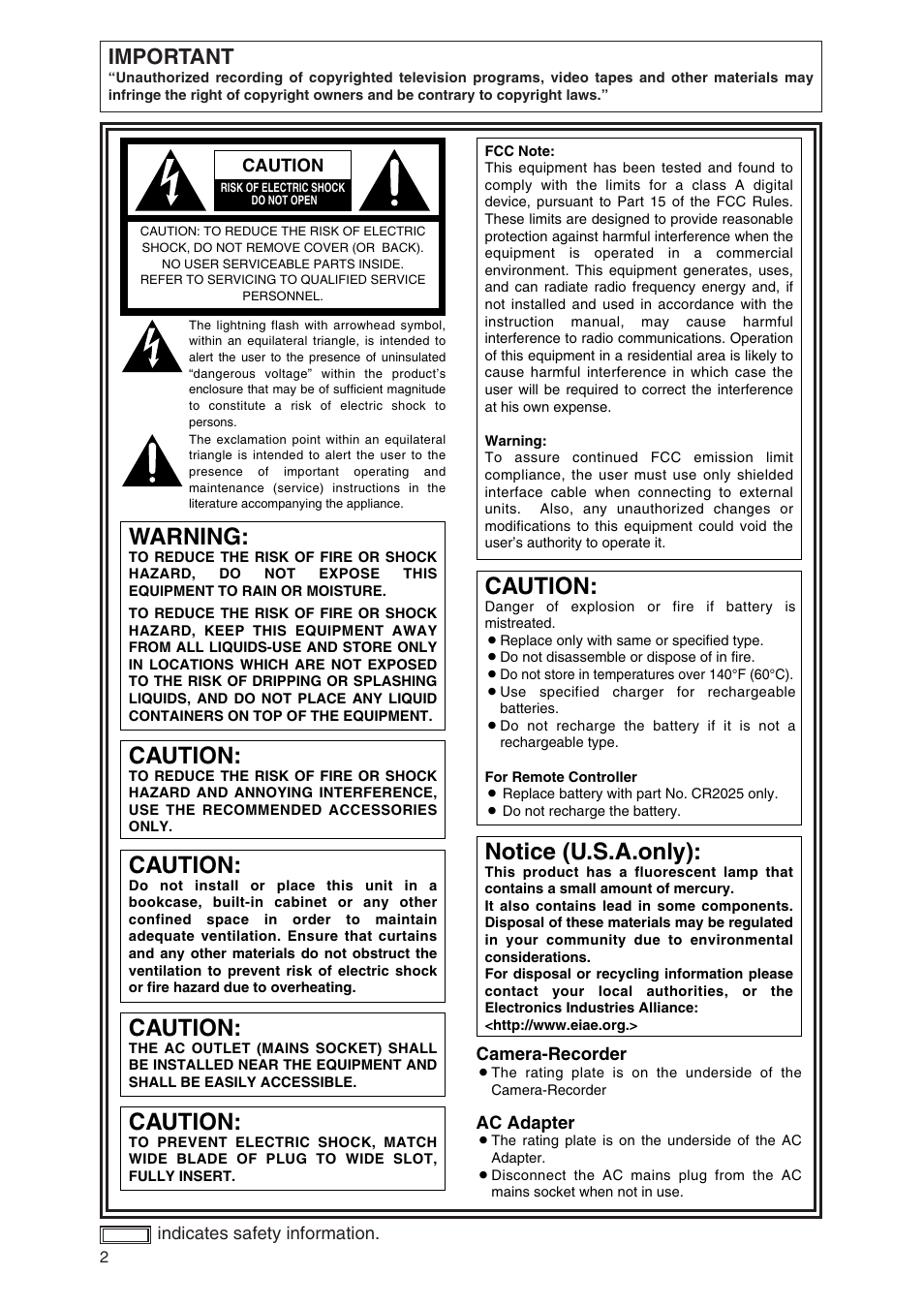 Caution, Warning, Notice (u.s.a.only) | Important | Panasonic AG-DVC30P User Manual | Page 2 / 88