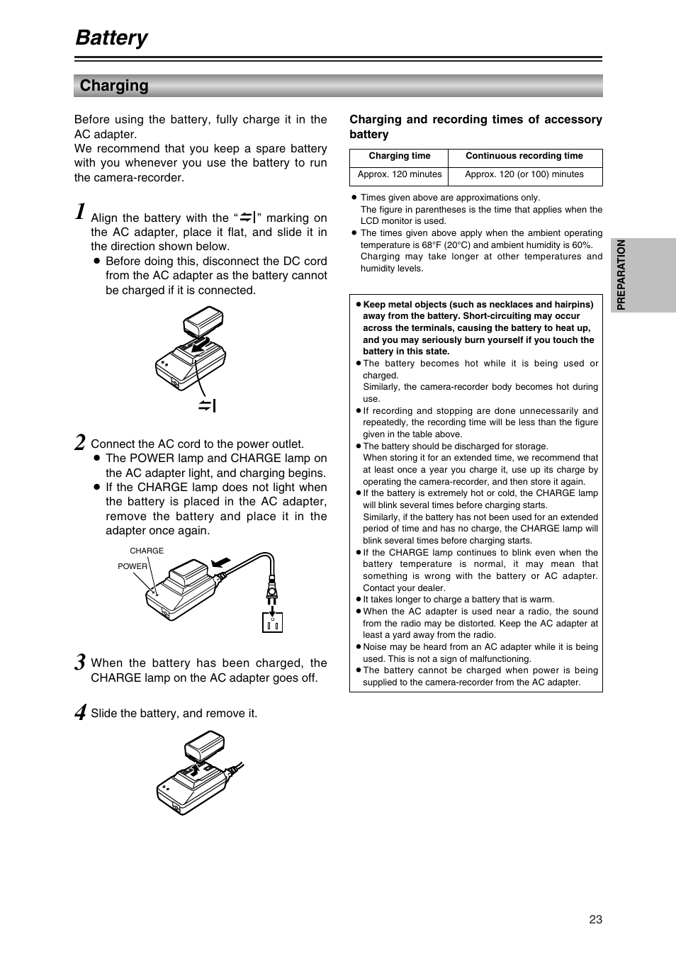 Preparation, Battery, Charging | Panasonic AG-DVC30P User Manual | Page 23 / 88
