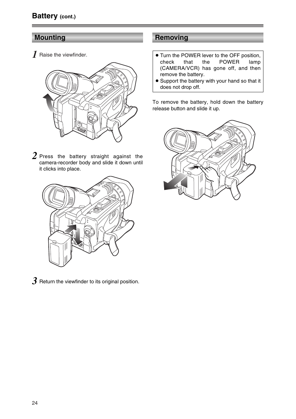 Mounting, Removing, Battery | Panasonic AG-DVC30P User Manual | Page 24 / 88