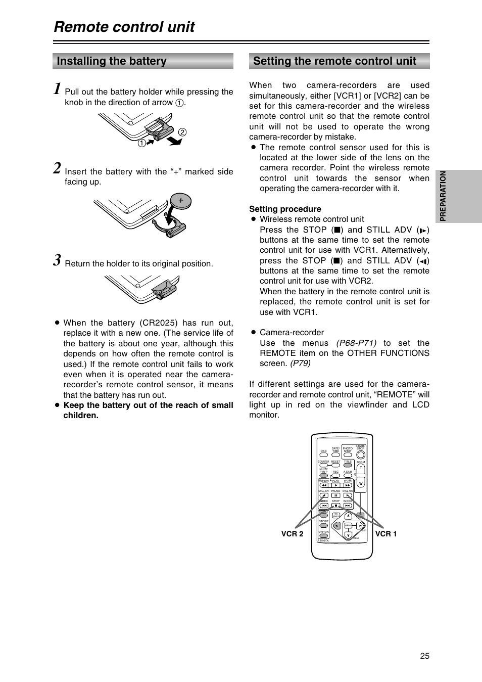 Remote control unit, Installing the battery, Setting the remote control unit | Prep ara tion, Vcr 2 vcr 1 | Panasonic AG-DVC30P User Manual | Page 25 / 88