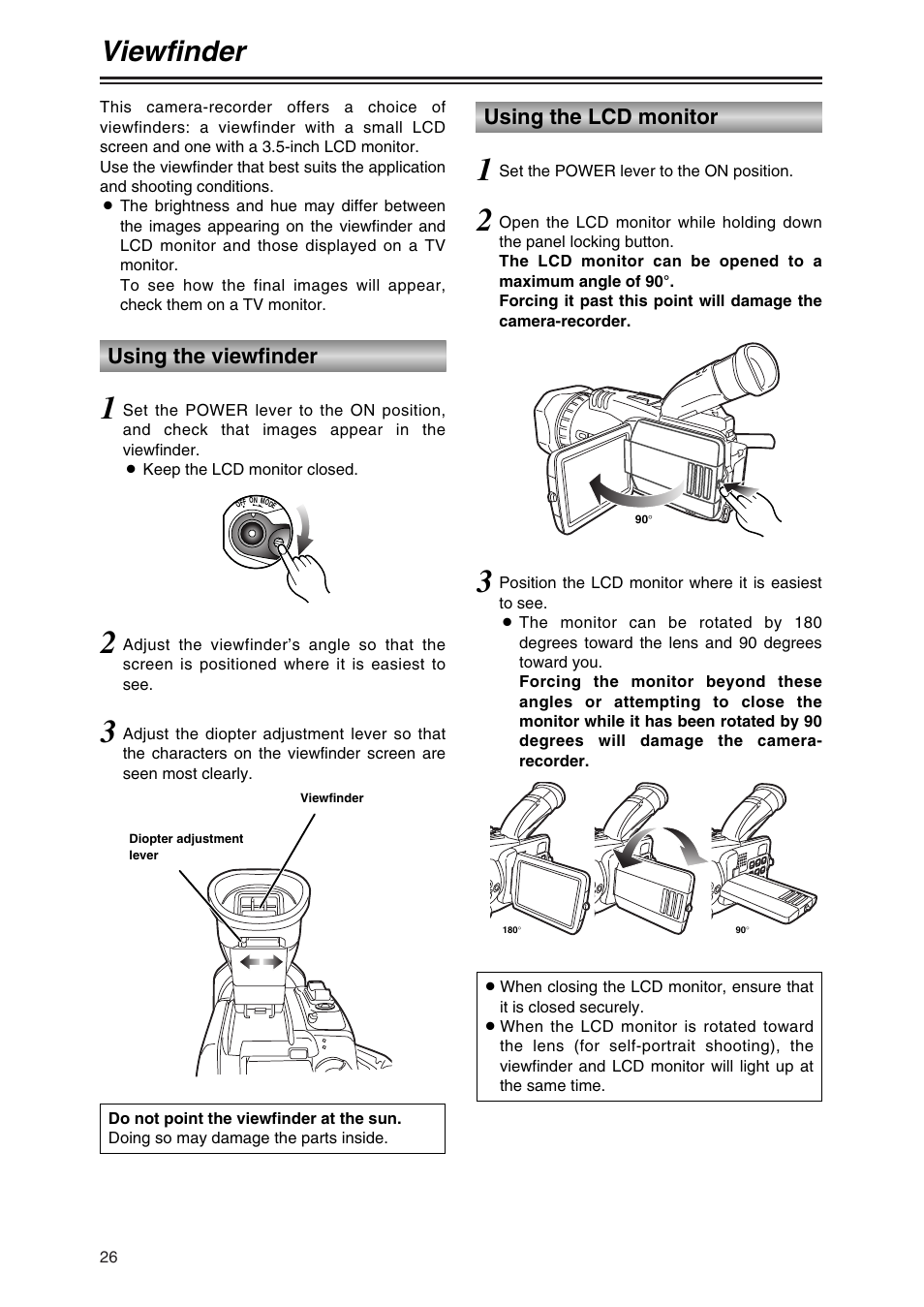Viewfinder, Using the viewfinder, Using the lcd monitor | Panasonic AG-DVC30P User Manual | Page 26 / 88