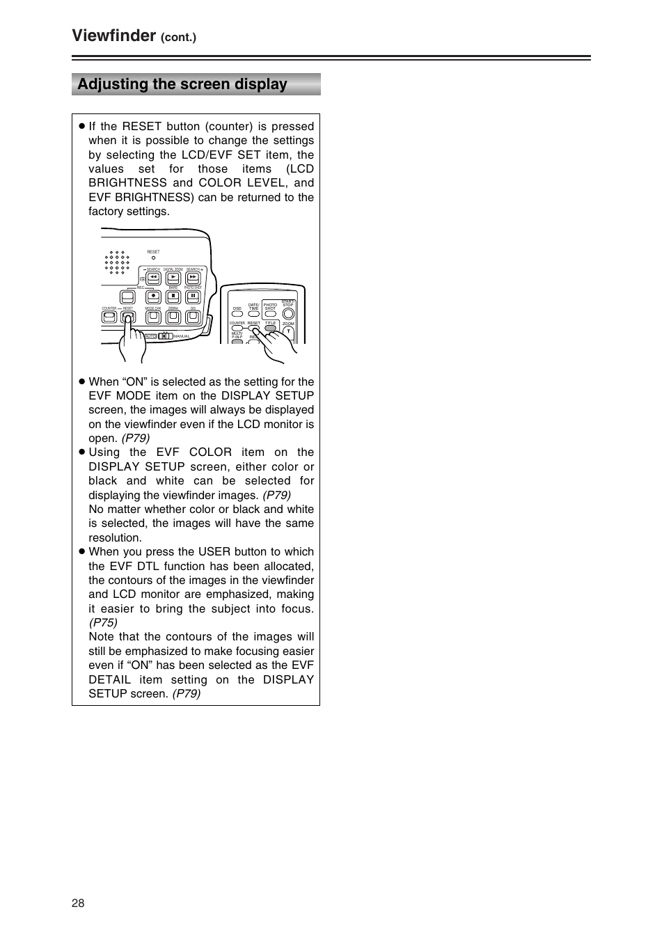 Viewfinder, Adjusting the screen display, Cont.) | Panasonic AG-DVC30P User Manual | Page 28 / 88