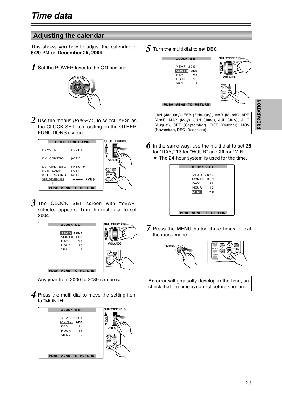 Time data, Adjusting the calendar, Turn the multi dial to set dec | Set the power lever to the on position, Prep ara tion | Panasonic AG-DVC30P User Manual | Page 29 / 88