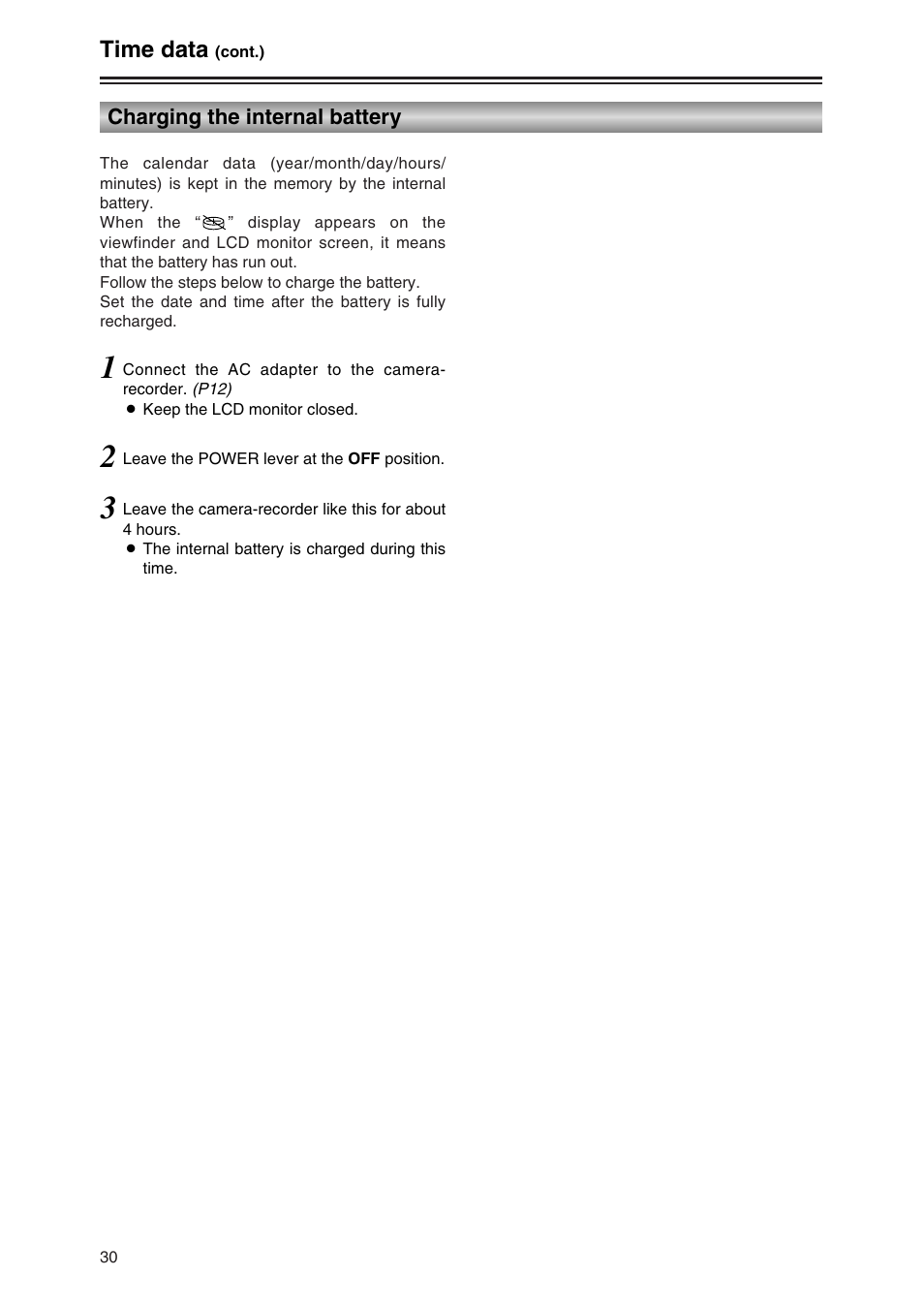 Charging the internal battery, Time data | Panasonic AG-DVC30P User Manual | Page 30 / 88