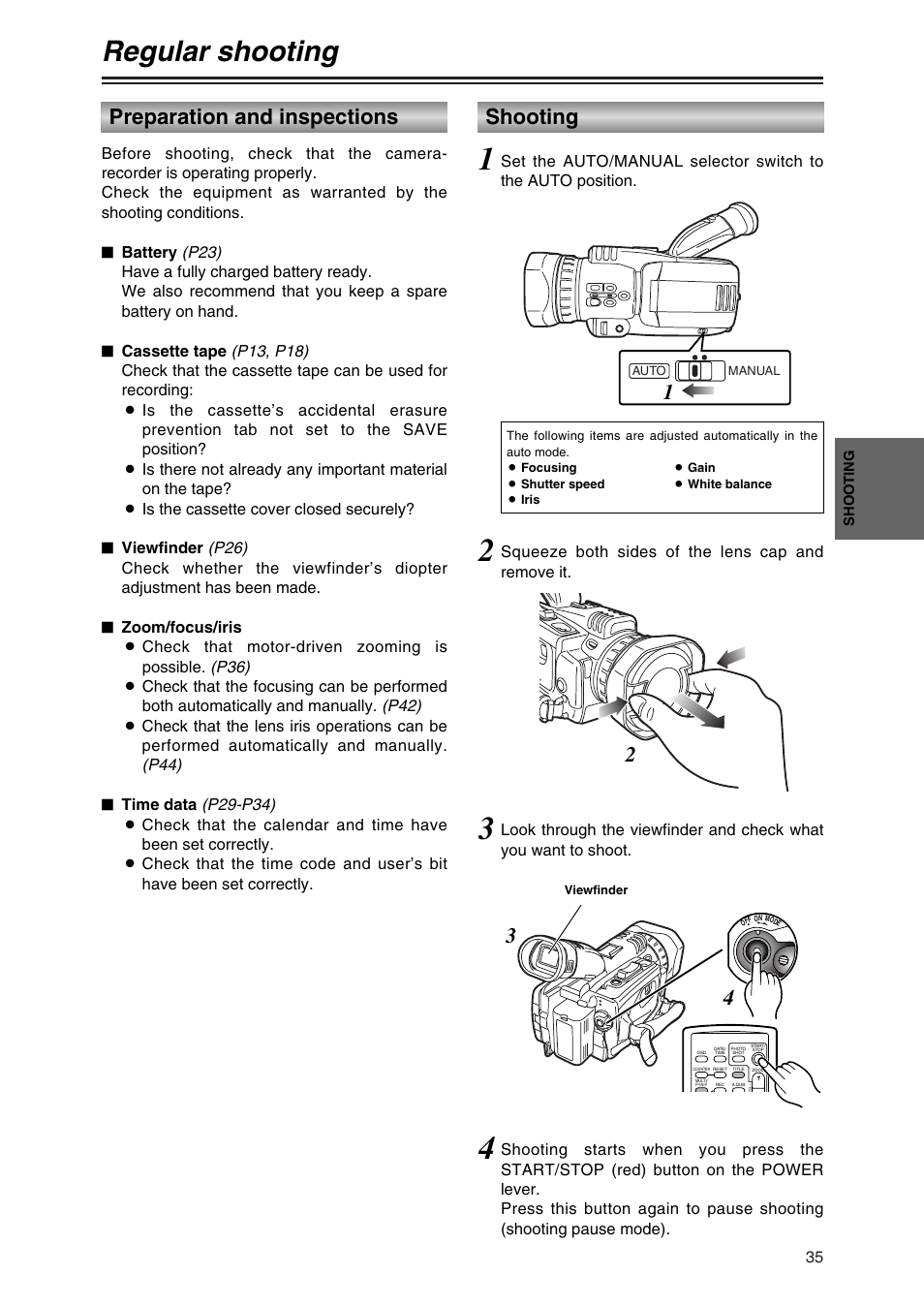 Shooting, Regular shooting, Preparation and inspections | Shooting 3 4 | Panasonic AG-DVC30P User Manual | Page 35 / 88