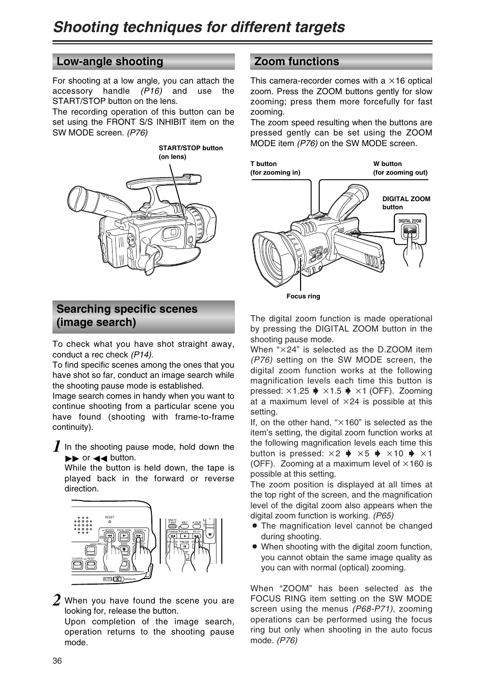 Shooting techniques for different targets, Low-angle shooting, Searching specific scenes (image search) | Zoom functions | Panasonic AG-DVC30P User Manual | Page 36 / 88