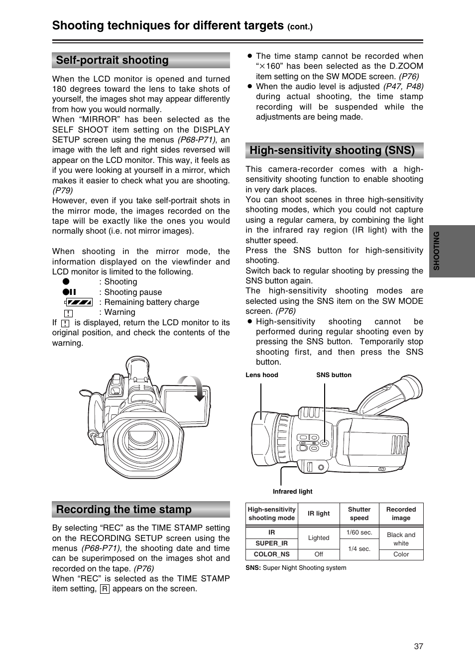 Self-portrait shooting, Recording the time stamp, High-ssensitivity shooting (sns) | Shooting techniques for different targets, High-sensitivity shooting (sns) | Panasonic AG-DVC30P User Manual | Page 37 / 88