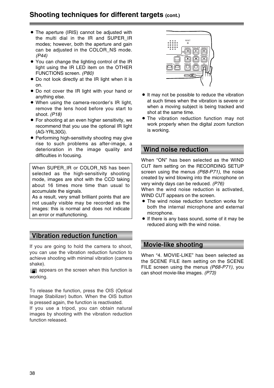 Vibration reduction function, Wind noise reduction, Movie-like shooting | Shooting techniques for different targets | Panasonic AG-DVC30P User Manual | Page 38 / 88