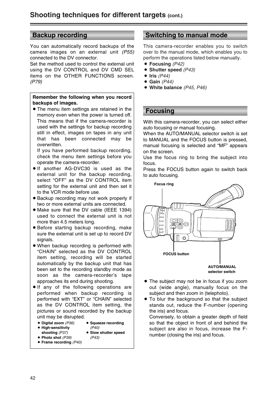 Backup recording, Switching to manual mode, Focusing | Shooting techniques for different targets | Panasonic AG-DVC30P User Manual | Page 42 / 88