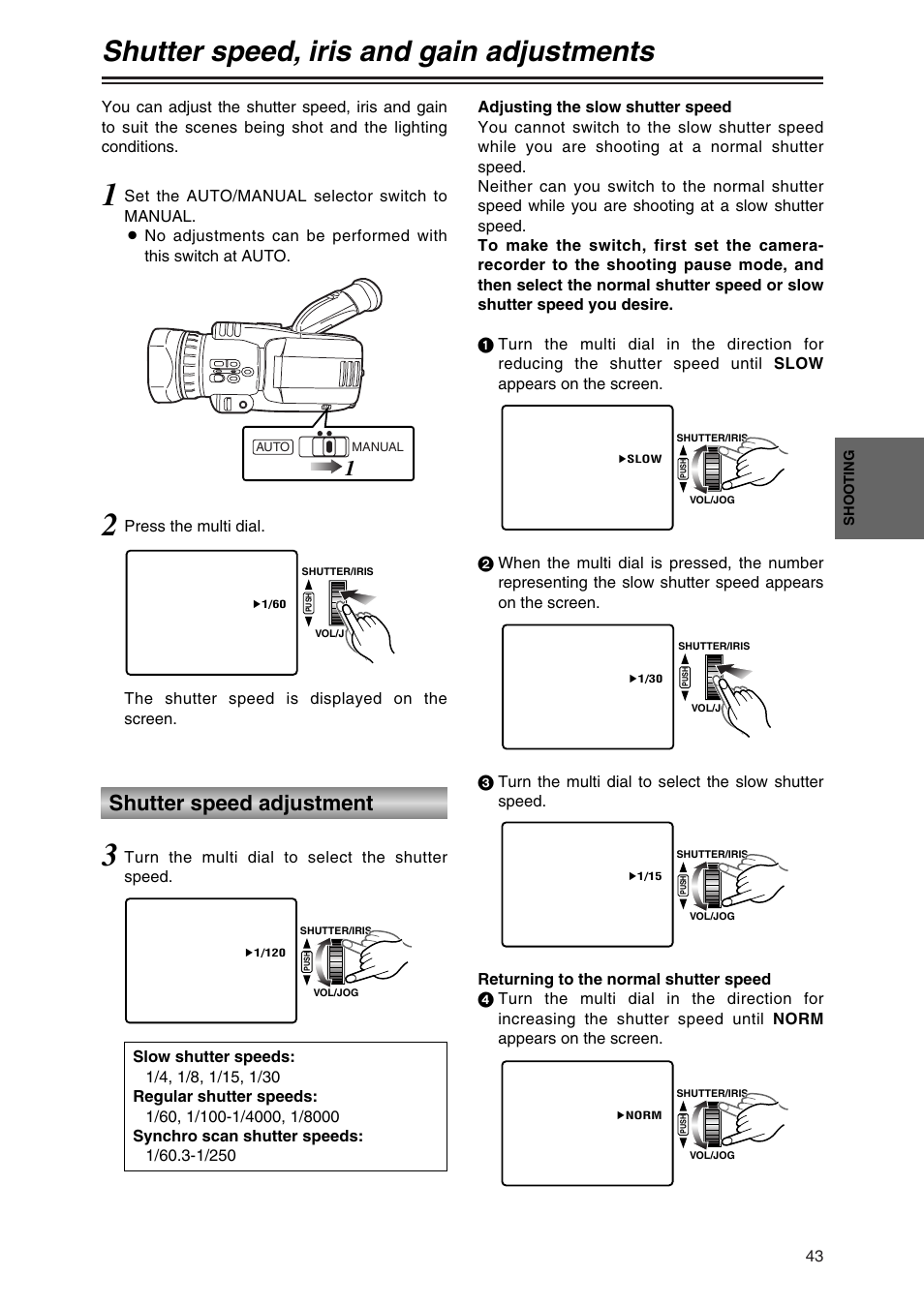 Shutter speed, iris and gain adjustments, Shutter speed adjustment | Panasonic AG-DVC30P User Manual | Page 43 / 88